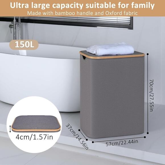 Laundry Hamper 150L with 2 Removable Inner Bags for Clothes Toys Towels, Grey - Picture 11 of 16